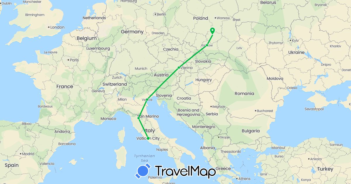 TravelMap itinerary: driving, bus in Austria, Italy, Poland (Europe)